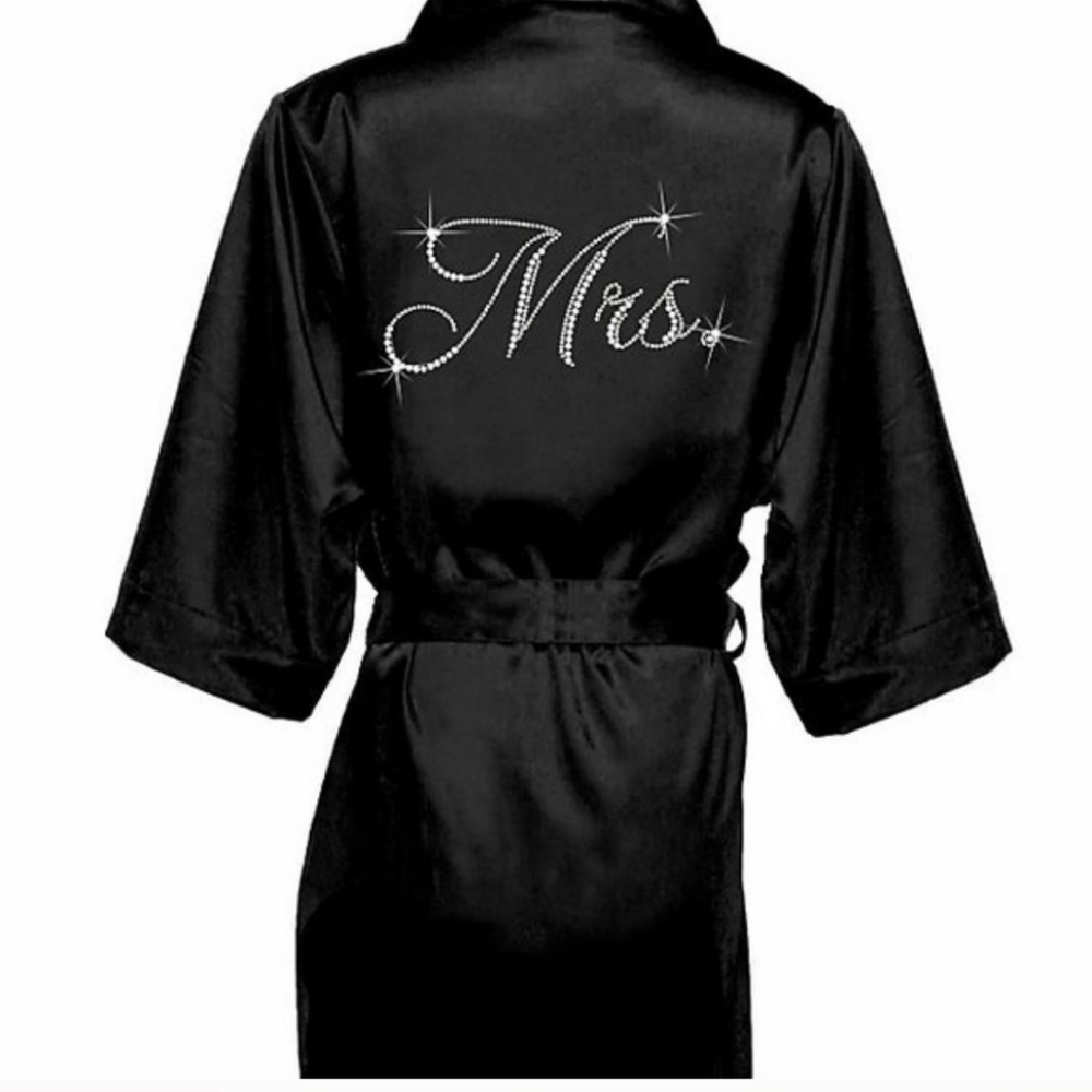 Mrs. Rhinestone Black Satin Robe